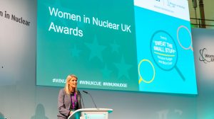 Lynsey Valentine, WiN UK President, presenting previous year’s awards